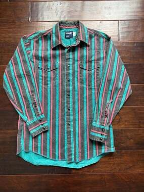 VTG Wrangler Brushpopper 90s Western Shirt Pink Teal Stripes Made in USA Rare
